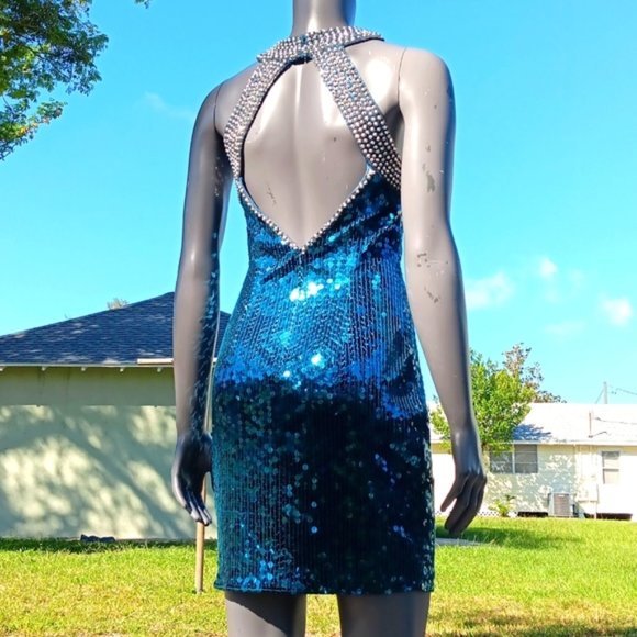 NITELINE by DELLA ROUFOGALI VINTAGE BLUE SEQUIN/STUDDED COLLAR COCKTAIL DRESS - Picture 6 of 17